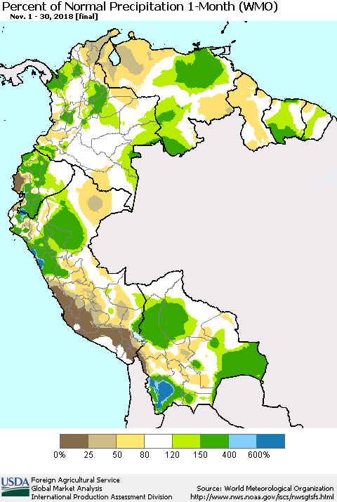 Northern South America Percent of Normal Precipitation 1-Month (WMO) Thematic Map For 11/1/2018 - 11/30/2018