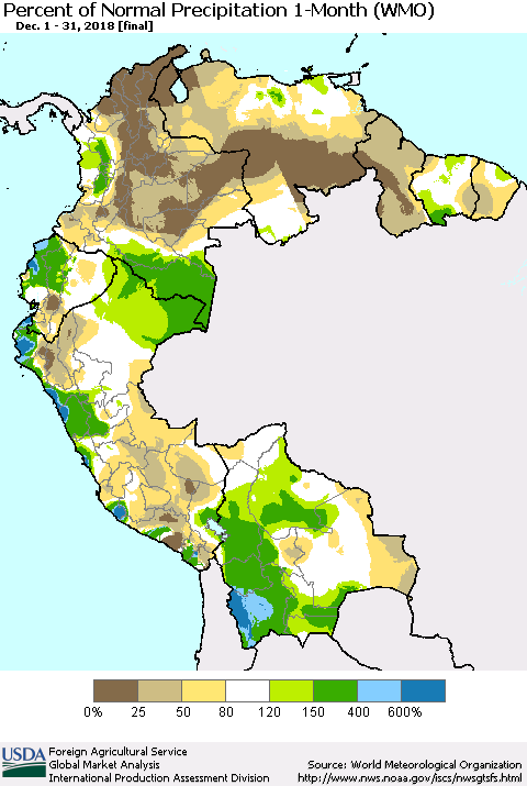 Northern South America Percent of Normal Precipitation 1-Month (WMO) Thematic Map For 12/1/2018 - 12/31/2018