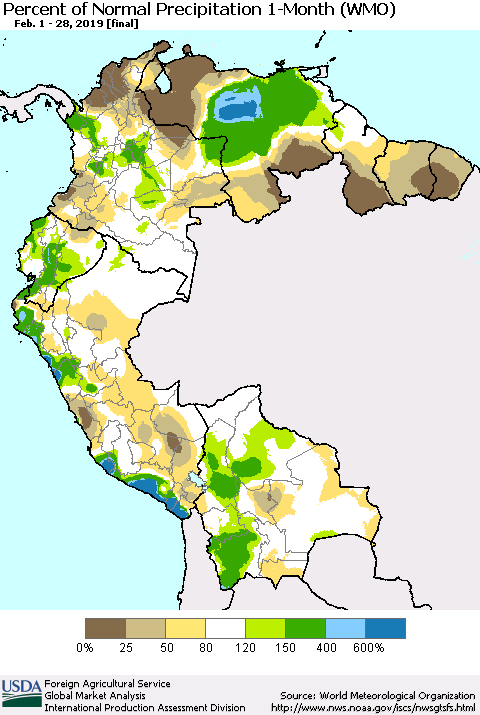 Northern South America Percent of Normal Precipitation 1-Month (WMO) Thematic Map For 2/1/2019 - 2/28/2019