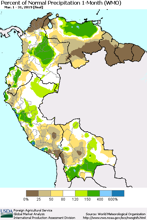 Northern South America Percent of Normal Precipitation 1-Month (WMO) Thematic Map For 3/1/2019 - 3/31/2019