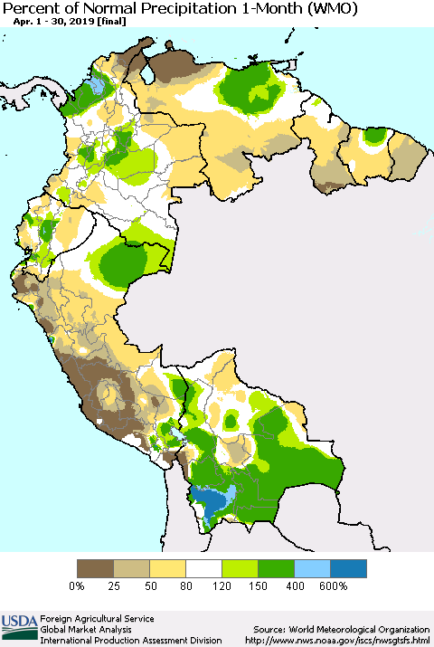 Northern South America Percent of Normal Precipitation 1-Month (WMO) Thematic Map For 4/1/2019 - 4/30/2019