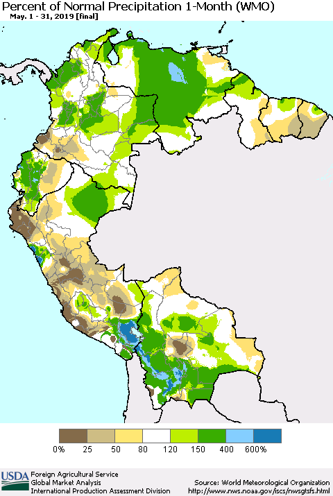 Northern South America Percent of Normal Precipitation 1-Month (WMO) Thematic Map For 5/1/2019 - 5/31/2019