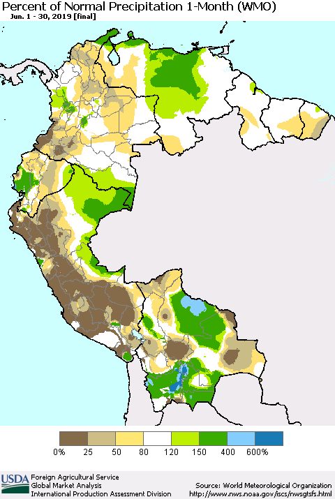 Northern South America Percent of Normal Precipitation 1-Month (WMO) Thematic Map For 6/1/2019 - 6/30/2019