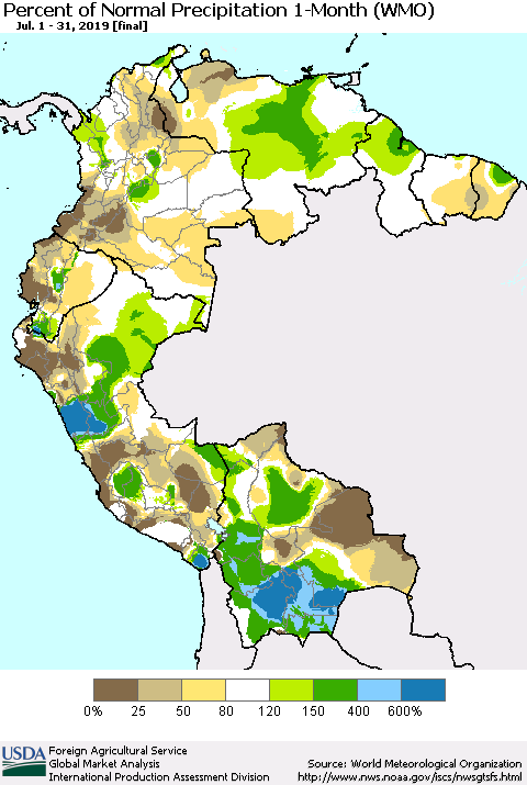 Northern South America Percent of Normal Precipitation 1-Month (WMO) Thematic Map For 7/1/2019 - 7/31/2019