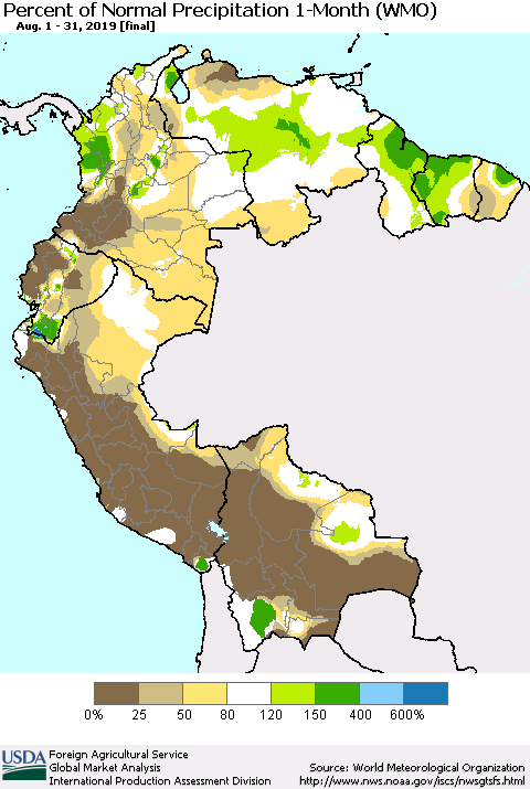 Northern South America Percent of Normal Precipitation 1-Month (WMO) Thematic Map For 8/1/2019 - 8/31/2019