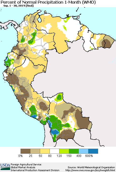 Northern South America Percent of Normal Precipitation 1-Month (WMO) Thematic Map For 9/1/2019 - 9/30/2019