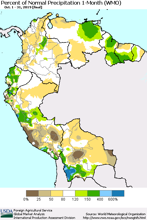 Northern South America Percent of Normal Precipitation 1-Month (WMO) Thematic Map For 10/1/2019 - 10/31/2019