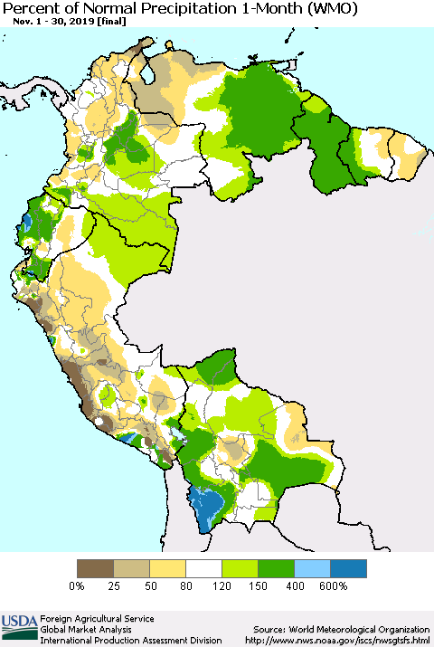 Northern South America Percent of Normal Precipitation 1-Month (WMO) Thematic Map For 11/1/2019 - 11/30/2019
