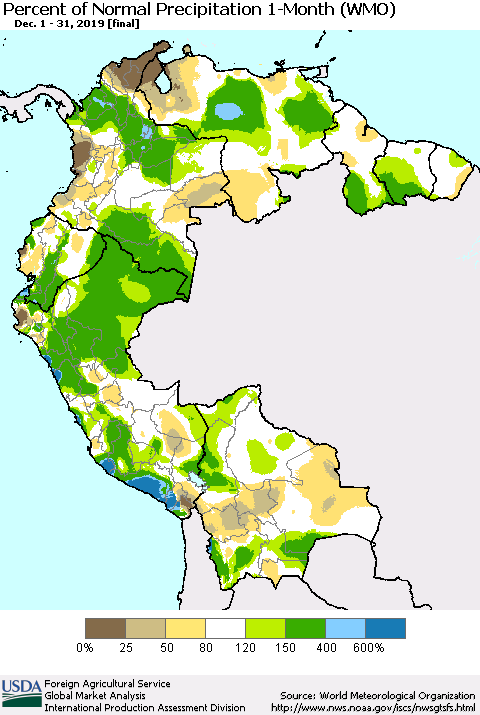 Northern South America Percent of Normal Precipitation 1-Month (WMO) Thematic Map For 12/1/2019 - 12/31/2019