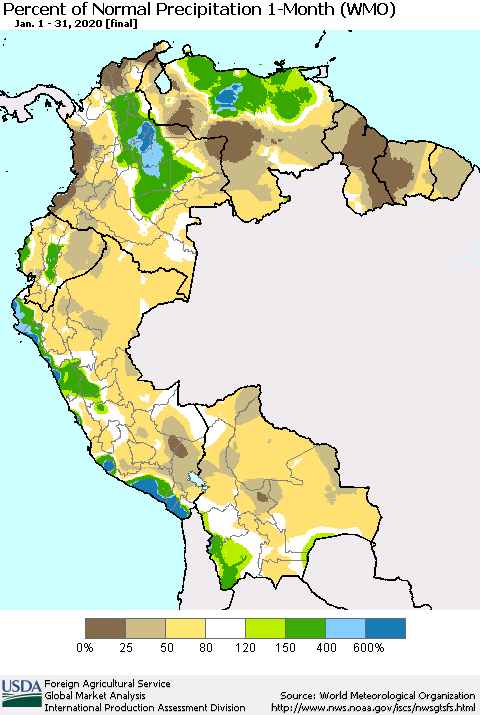 Northern South America Percent of Normal Precipitation 1-Month (WMO) Thematic Map For 1/1/2020 - 1/31/2020