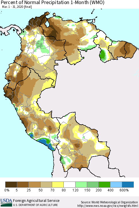 Northern South America Percent of Normal Precipitation 1-Month (WMO) Thematic Map For 3/1/2020 - 3/31/2020