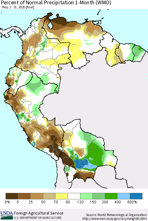 Northern South America Percent of Normal Precipitation 1-Month (WMO) Thematic Map For 5/1/2020 - 5/31/2020