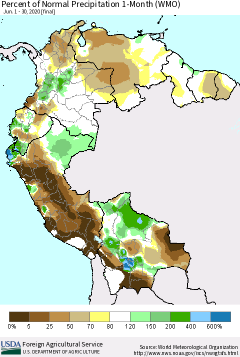 Northern South America Percent of Normal Precipitation 1-Month (WMO) Thematic Map For 6/1/2020 - 6/30/2020