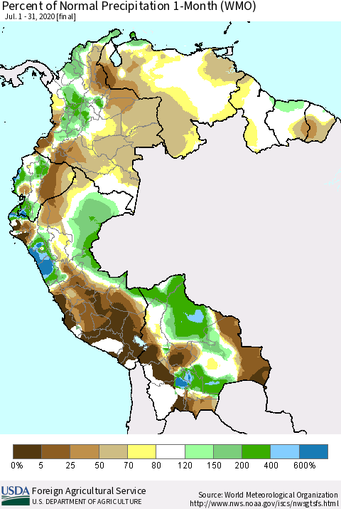 Northern South America Percent of Normal Precipitation 1-Month (WMO) Thematic Map For 7/1/2020 - 7/31/2020