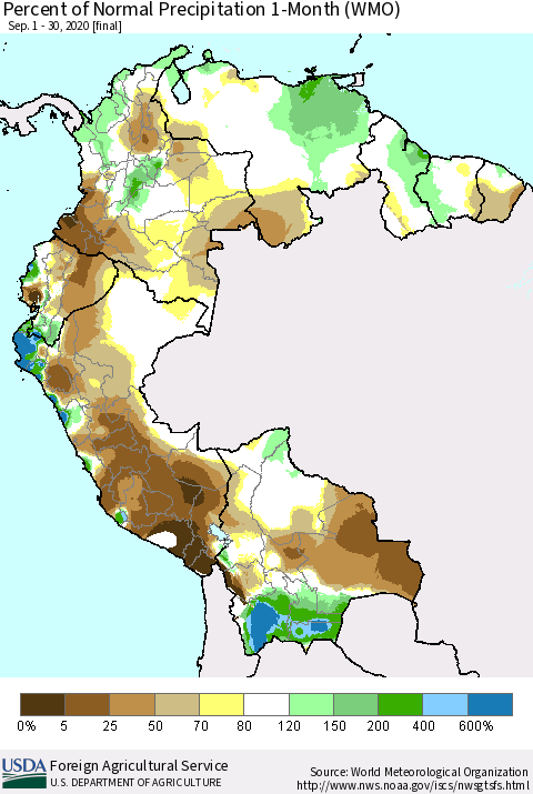 Northern South America Percent of Normal Precipitation 1-Month (WMO) Thematic Map For 9/1/2020 - 9/30/2020