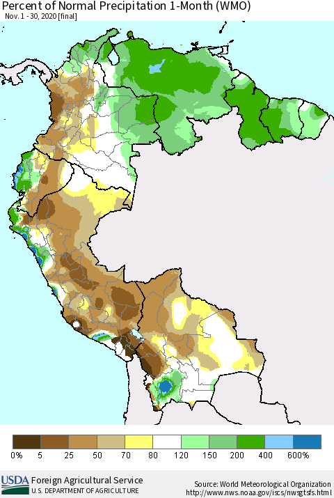 Northern South America Percent of Normal Precipitation 1-Month (WMO) Thematic Map For 11/1/2020 - 11/30/2020