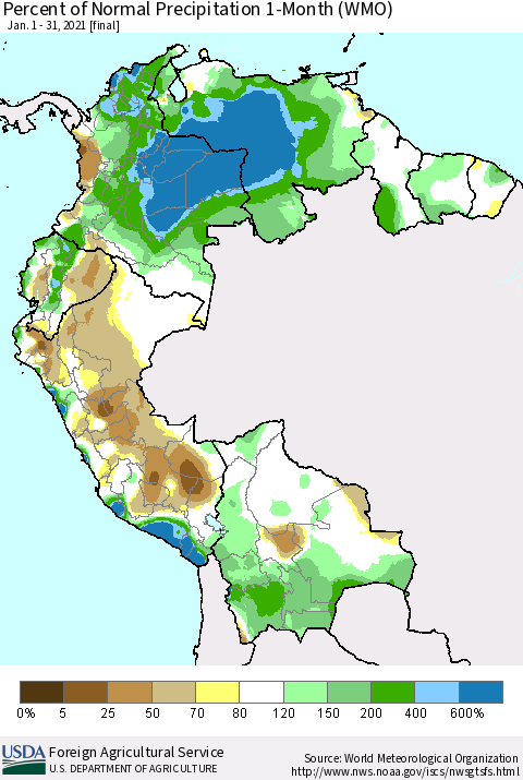 Northern South America Percent of Normal Precipitation 1-Month (WMO) Thematic Map For 1/1/2021 - 1/31/2021