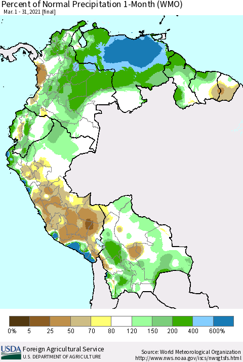 Northern South America Percent of Normal Precipitation 1-Month (WMO) Thematic Map For 3/1/2021 - 3/31/2021