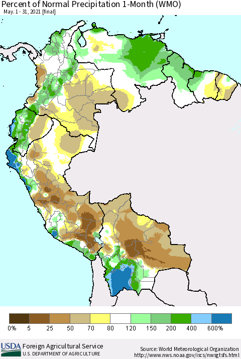 Northern South America Percent of Normal Precipitation 1-Month (WMO) Thematic Map For 5/1/2021 - 5/31/2021