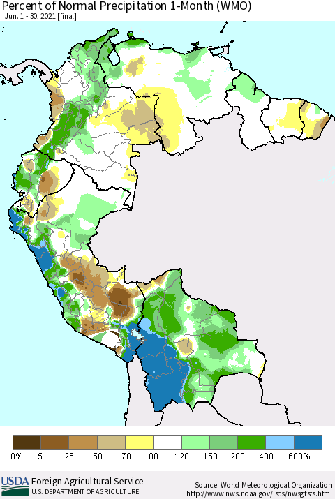 Northern South America Percent of Normal Precipitation 1-Month (WMO) Thematic Map For 6/1/2021 - 6/30/2021