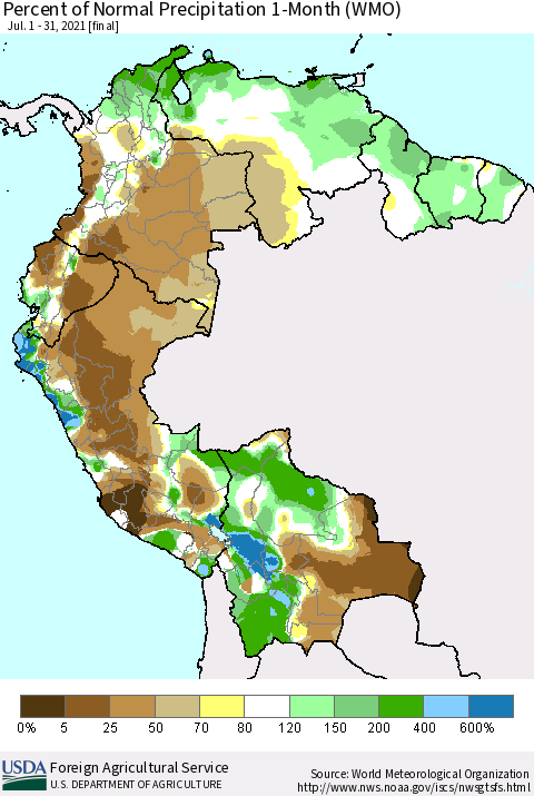 Northern South America Percent of Normal Precipitation 1-Month (WMO) Thematic Map For 7/1/2021 - 7/31/2021