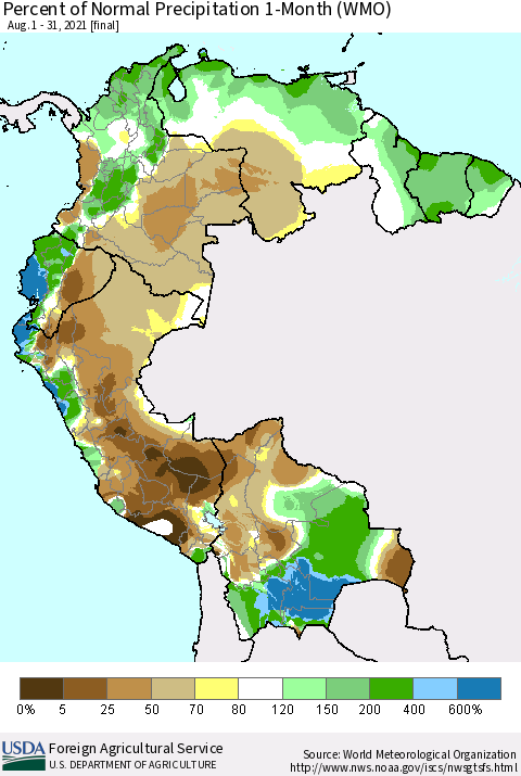 Northern South America Percent of Normal Precipitation 1-Month (WMO) Thematic Map For 8/1/2021 - 8/31/2021