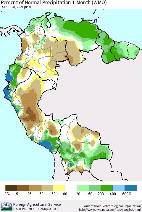 Northern South America Percent of Normal Precipitation 1-Month (WMO) Thematic Map For 10/1/2021 - 10/31/2021