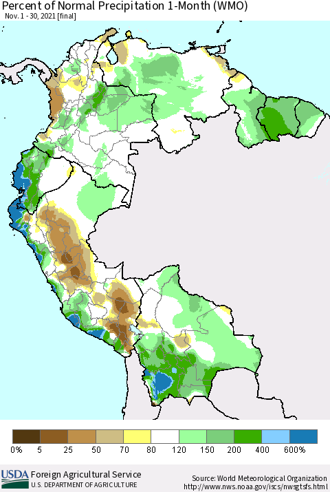 Northern South America Percent of Normal Precipitation 1-Month (WMO) Thematic Map For 11/1/2021 - 11/30/2021