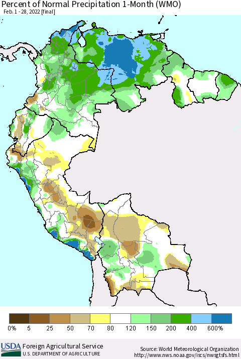 Northern South America Percent of Normal Precipitation 1-Month (WMO) Thematic Map For 2/1/2022 - 2/28/2022