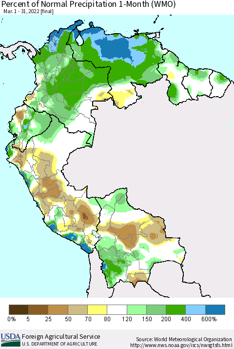 Northern South America Percent of Normal Precipitation 1-Month (WMO) Thematic Map For 3/1/2022 - 3/31/2022