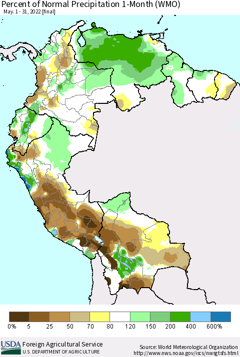 Northern South America Percent of Normal Precipitation 1-Month (WMO) Thematic Map For 5/1/2022 - 5/31/2022