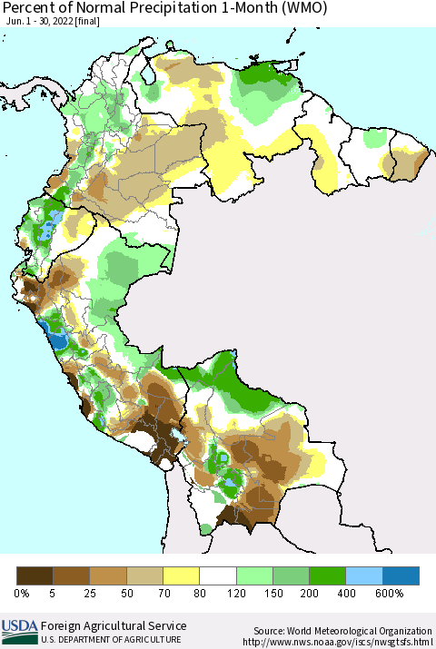 Northern South America Percent of Normal Precipitation 1-Month (WMO) Thematic Map For 6/1/2022 - 6/30/2022