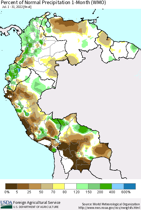 Northern South America Percent of Normal Precipitation 1-Month (WMO) Thematic Map For 7/1/2022 - 7/31/2022