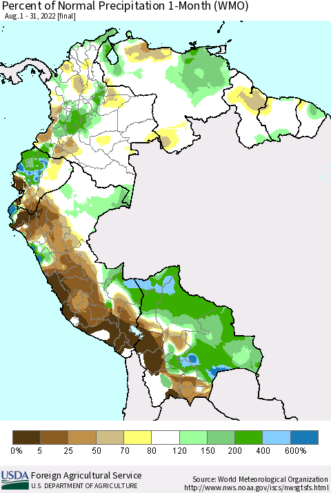Northern South America Percent of Normal Precipitation 1-Month (WMO) Thematic Map For 8/1/2022 - 8/31/2022
