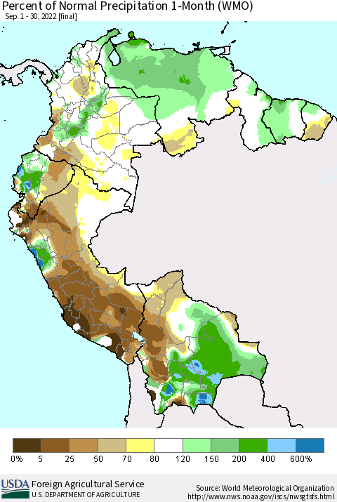 Northern South America Percent of Normal Precipitation 1-Month (WMO) Thematic Map For 9/1/2022 - 9/30/2022