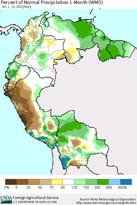 Northern South America Percent of Normal Precipitation 1-Month (WMO) Thematic Map For 10/1/2022 - 10/31/2022