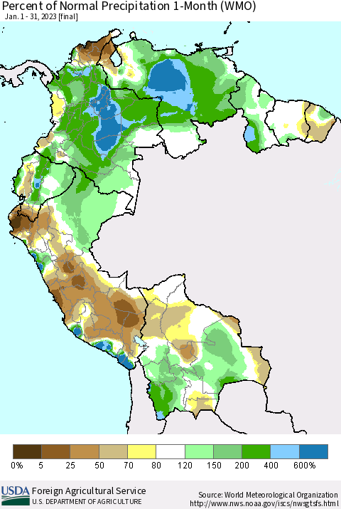Northern South America Percent of Normal Precipitation 1-Month (WMO) Thematic Map For 1/1/2023 - 1/31/2023