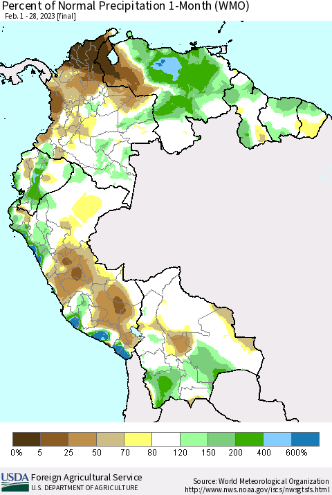 Northern South America Percent of Normal Precipitation 1-Month (WMO) Thematic Map For 2/1/2023 - 2/28/2023