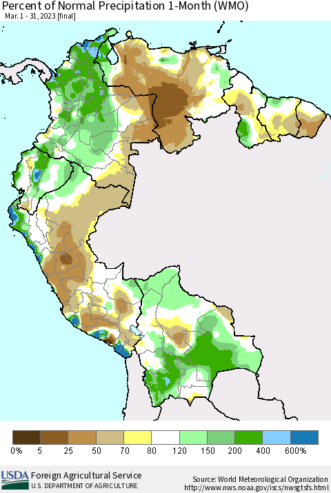 Northern South America Percent of Normal Precipitation 1-Month (WMO) Thematic Map For 3/1/2023 - 3/31/2023