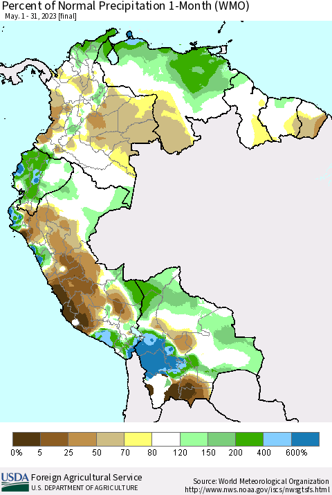 Northern South America Percent of Normal Precipitation 1-Month (WMO) Thematic Map For 5/1/2023 - 5/31/2023