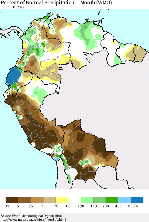 Northern South America Percent of Normal Precipitation 1-Month (WMO) Thematic Map For 7/1/2023 - 7/31/2023