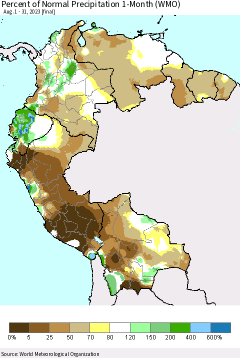 Northern South America Percent of Normal Precipitation 1-Month (WMO) Thematic Map For 8/1/2023 - 8/31/2023