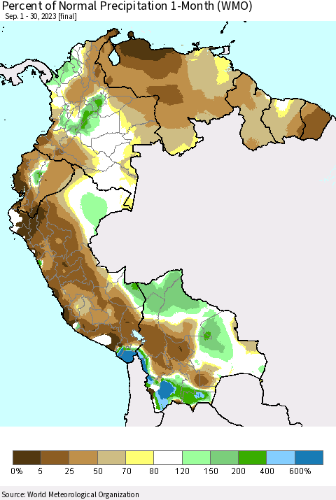 Northern South America Percent of Normal Precipitation 1-Month (WMO) Thematic Map For 9/1/2023 - 9/30/2023