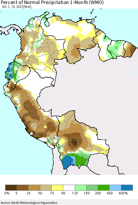 Northern South America Percent of Normal Precipitation 1-Month (WMO) Thematic Map For 10/1/2023 - 10/31/2023