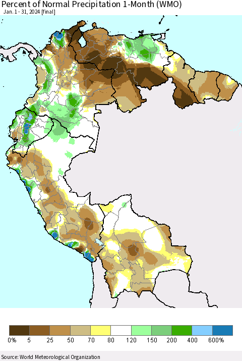 Northern South America Percent of Normal Precipitation 1-Month (WMO) Thematic Map For 1/1/2024 - 1/31/2024