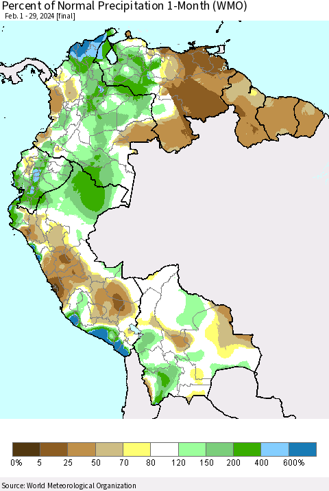 Northern South America Percent of Normal Precipitation 1-Month (WMO) Thematic Map For 2/1/2024 - 2/29/2024