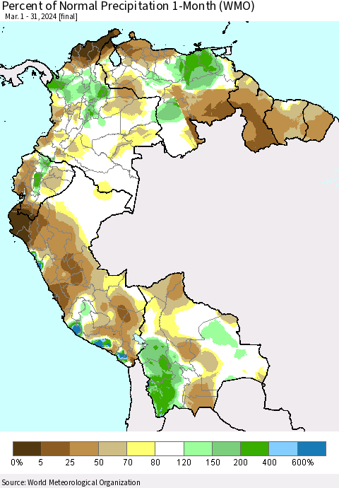 Northern South America Percent of Normal Precipitation 1-Month (WMO) Thematic Map For 3/1/2024 - 3/31/2024