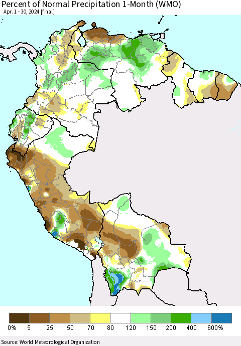 Northern South America Percent of Normal Precipitation 1-Month (WMO) Thematic Map For 4/1/2024 - 4/30/2024