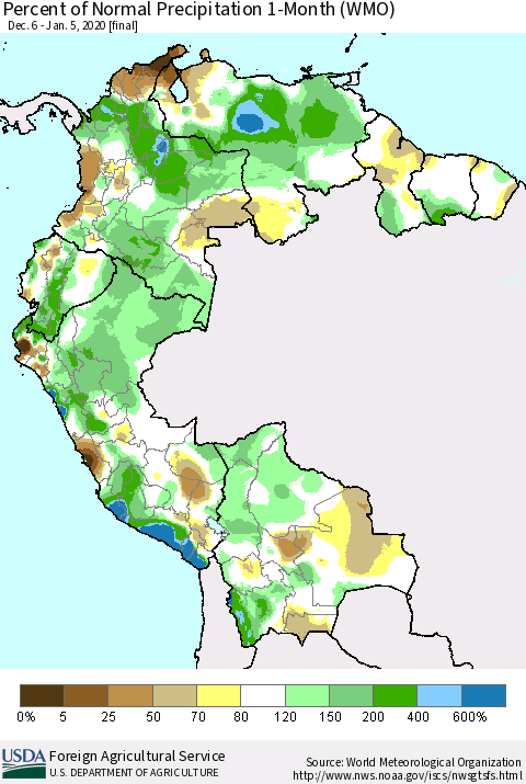 Northern South America Percent of Normal Precipitation 1-Month (WMO) Thematic Map For 12/6/2019 - 1/5/2020