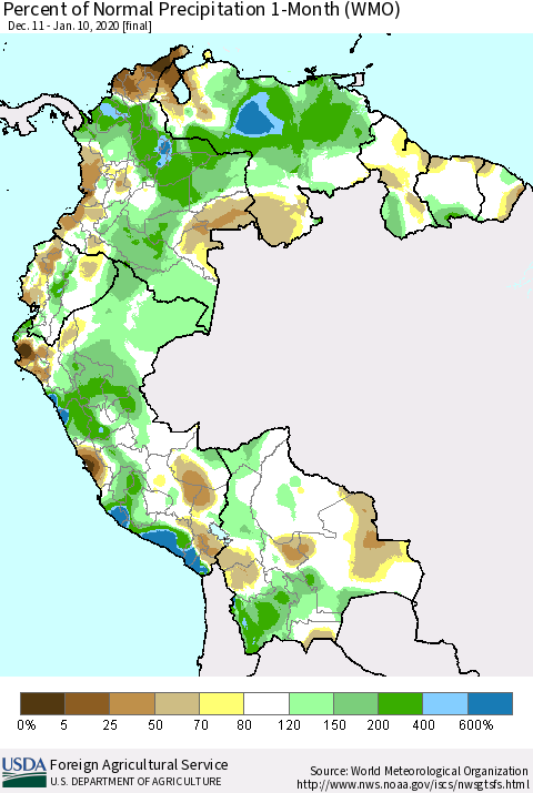Northern South America Percent of Normal Precipitation 1-Month (WMO) Thematic Map For 12/11/2019 - 1/10/2020